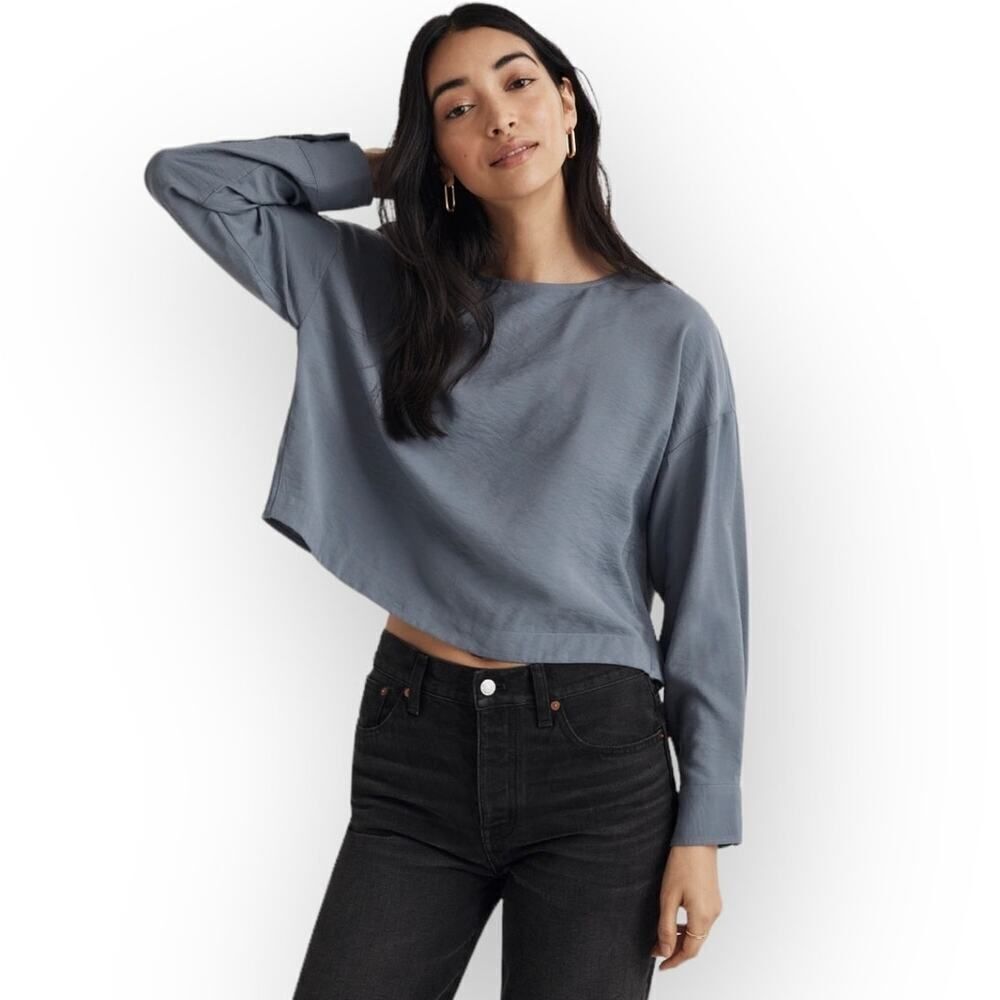 Madewell Relaxed Tulip-Back Top Women'sâXS Blue Gray Long Sleeve Open Back NWT